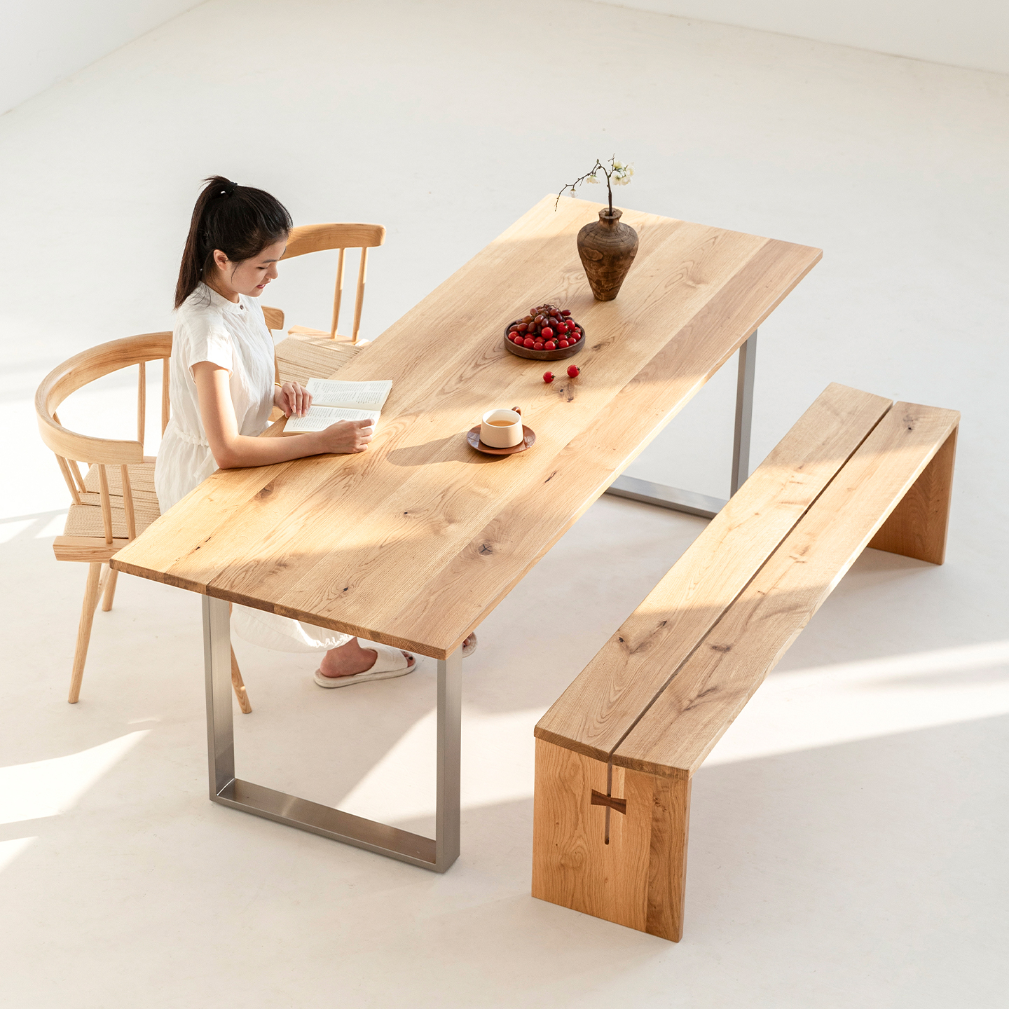 天外云 煦日餐桌 法国白橡木实木书桌原木风长桌不锈钢桌腿办公桌