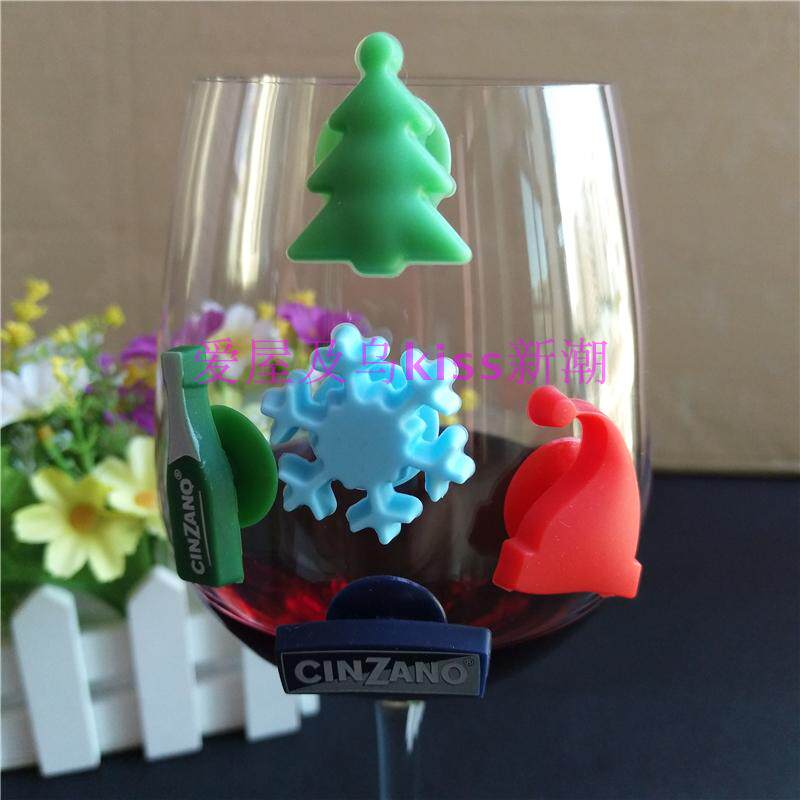 爆款创意食品级硅胶圣诞系列红酒酒杯标贴吸盘水杯标识器杯子标记
