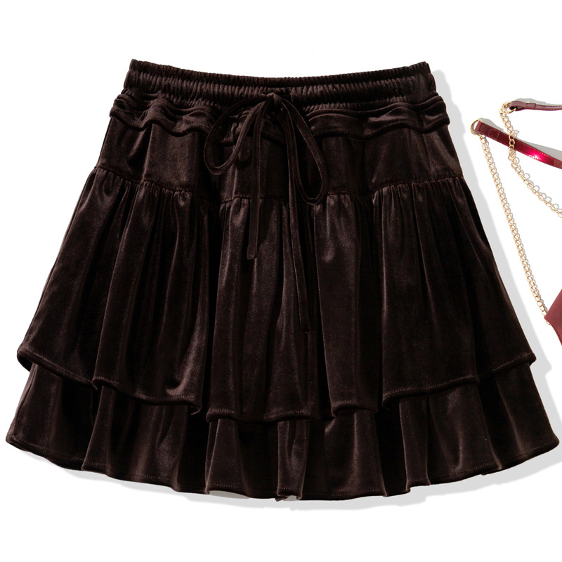 2025年早秋女装新款时尚松紧腰层层蛋糕半裙性感短丝绒裙