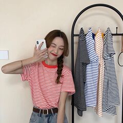 Real shot striped short sleeve T-shirt women's fashion super hot Korean loose T-shirt summer top