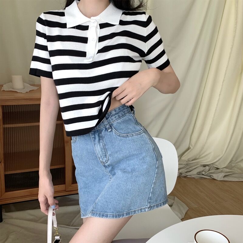 Real shot 65% viscose 35% nylon Polo neck stripe short sleeve T-shirt women's trendy T-shirt