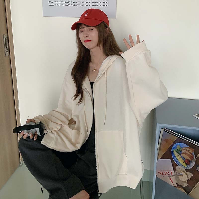 Real shot lazy style Korean loose solid color hooded sweater women's long sleeve Zipper Jacket Top