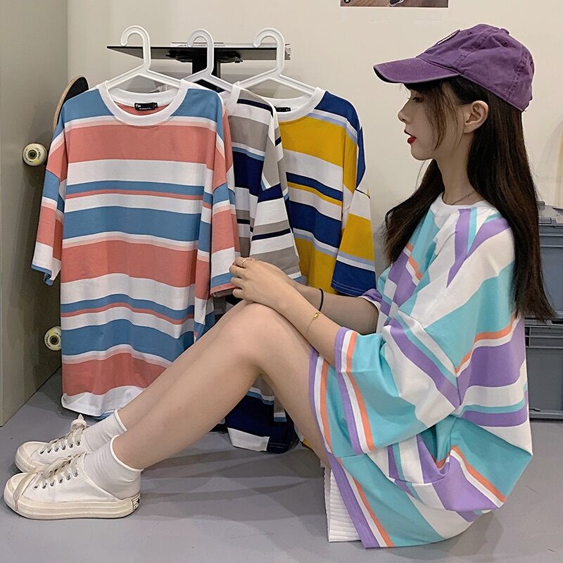 Real shot striped loose size short sleeve girl