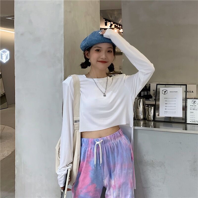 Real shot cotton spandex spring long sleeve T-shirt women's short open navel shoulder pad