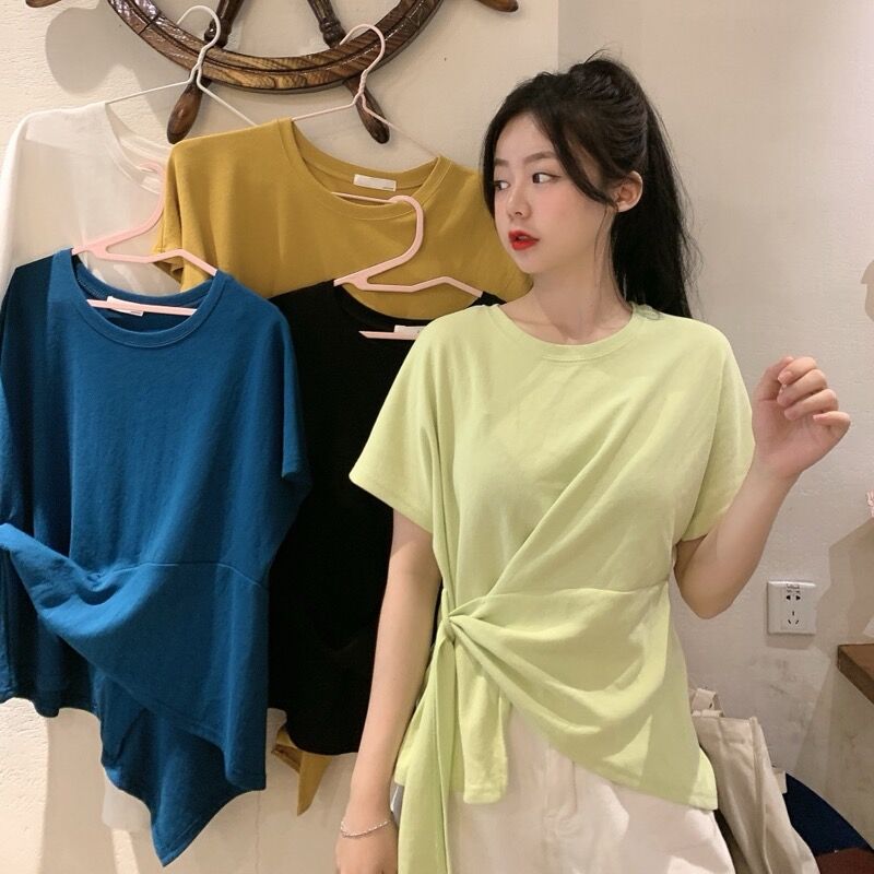 Real shot new Korean irregular short sleeve T-shirt women's loose bandage top