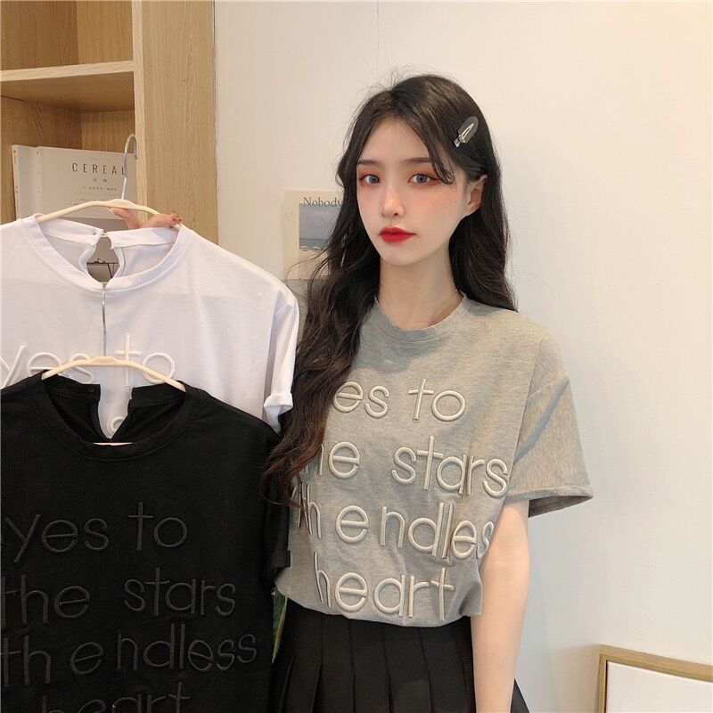 Real shot of summer short sleeve T-shirt women's Embroidery