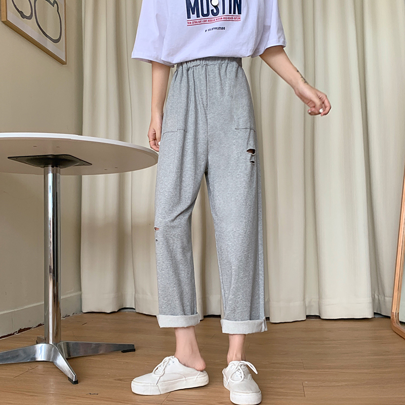 Real shot spring and summer casual pants women's Harem Pants fashion high waist loose solid color holed Leggings sports pants pants