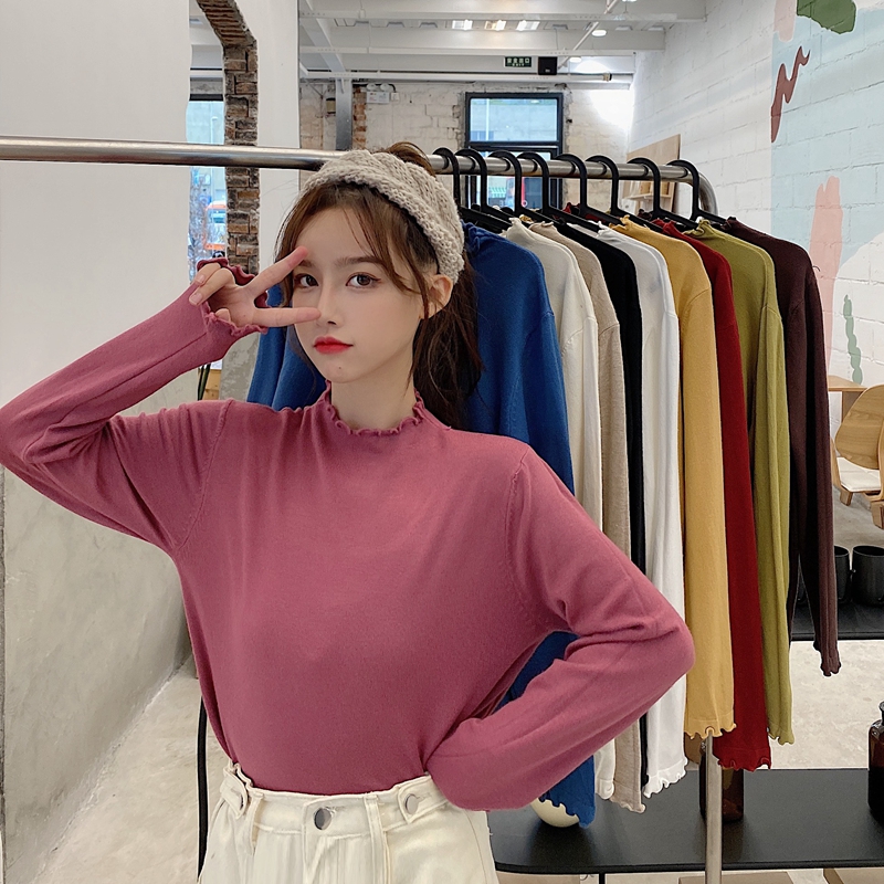 Real shot autumn and winter style loose half high collar long sleeve bottom coat women's Wooden ear sweater