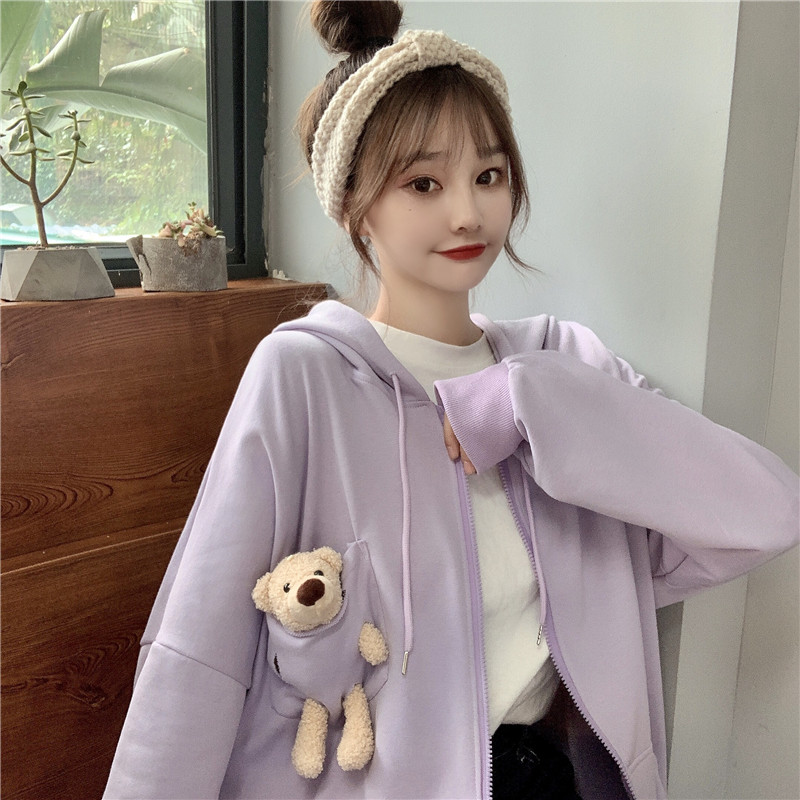 Real shot bear sweater zipper cover Korean version loose