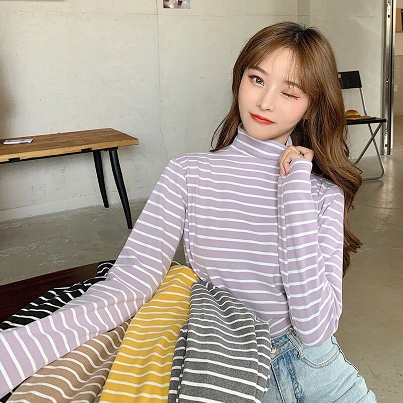 Real shot denim thickened striped high collar bottoming shirt long sleeve T-shirt for women 95 fiber 5 spandex