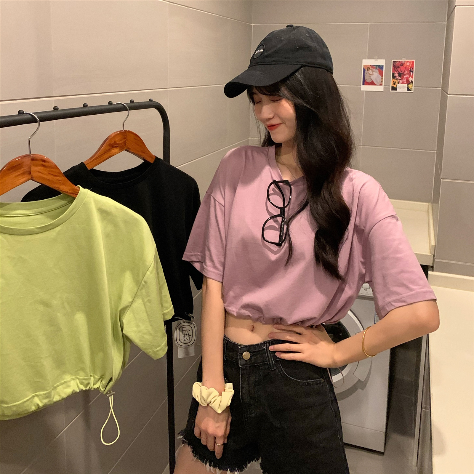 Real action net red exposed navel T-shirt women's drawstring high waist short style elegant short sleeve top fashion