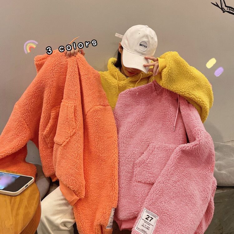 Real shot cashmere thick lamb Plush Pink Sweater women's winter coat Hooded Coat