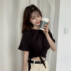 Real year high waist short style elegant short sleeve T-shirt women's pure color careful machine design