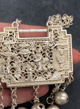 古玩古董杂项收藏复古包浆镂空麒麟凤凰银锁压襟锁毛衣链项链