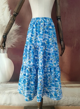 蓝色复古油画春夏季复古松紧腰遮跨显瘦带内衬A字碎花半身裙长裙