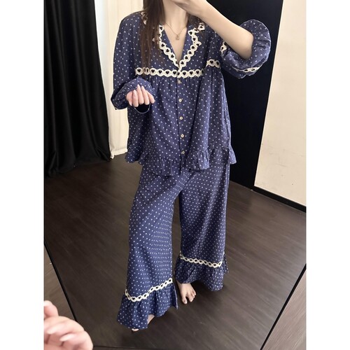 沐染家 日系复古甜美小碎花大码睡衣女秋季宽松松弛感家居服套装