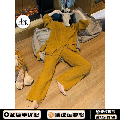 针织加厚大码家居服套装三件套冬
