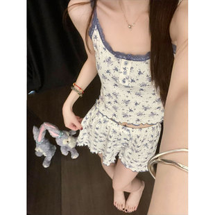 套装 沐染家 纯欲蕾丝花边大码 复古小碎花吊带睡衣女2026春季 法式