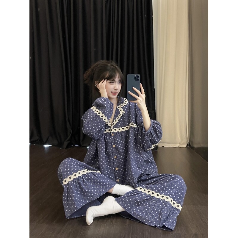 沐染家 法式复古蕾丝花边长袖睡衣女秋季甜美小碎花家居服两件套