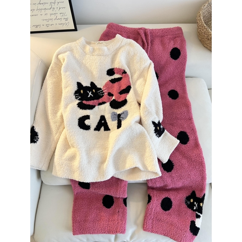 少女可爱小猫印花半边绒睡衣女冬
