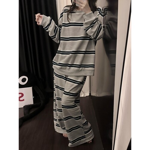 沐染家 简约松弛感撞色条纹睡衣女秋季宽松大码家居服可外穿套装