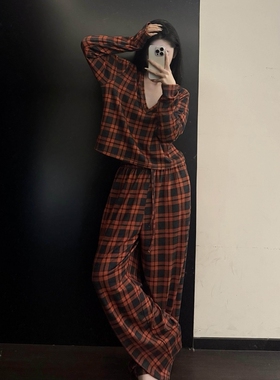 ins简约复古格子红色睡衣女春秋款2026年新款可外穿出门居家套装