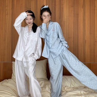 简约情侣条纹睡衣女2025夏季 开衫 韩版 新款 休闲宽松大码 家居服套装