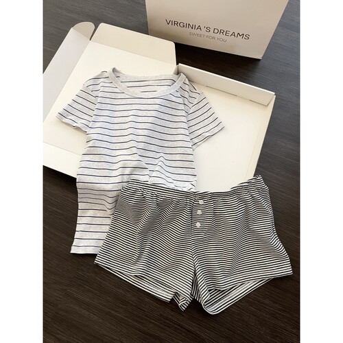 ins简约休闲条纹短袖夏款睡衣女