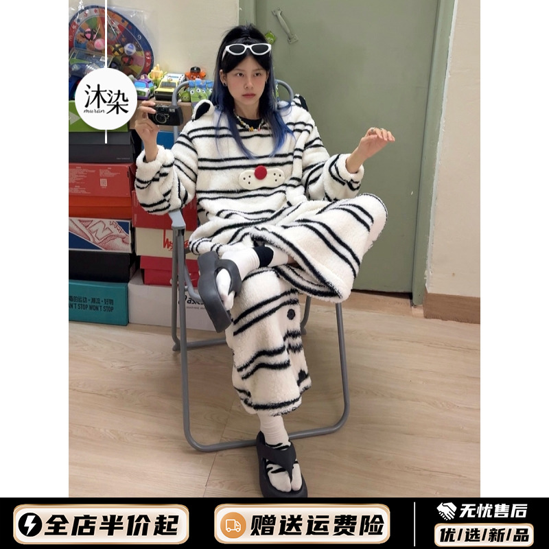 【酷猫系列】冬天珊瑚绒连体两穿睡衣女冬款加厚法兰绒家居服睡裙