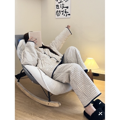 韩版女士撞色条纹三层夹棉睡衣冬季女2025新款加厚大码家居服套装