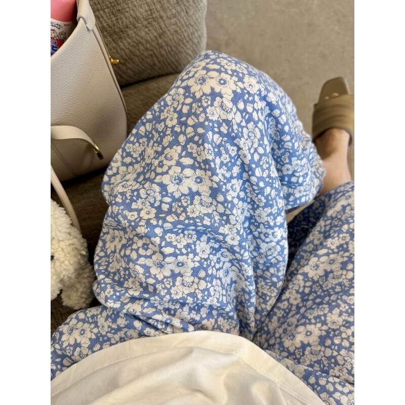 沐染家 温柔系蓝色碎花棉绸睡裤女夏季高腰阔腿裤居家休闲遛弯裤