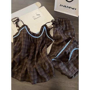 沐染家 韩系复古格子吊带睡衣女春秋季新款大码可外穿家居服套装