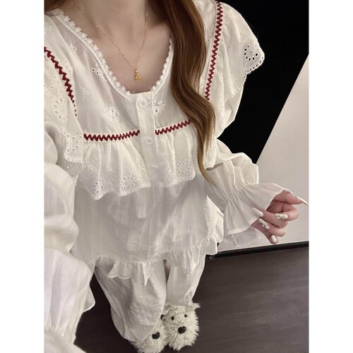 女士蕾丝花边拼接长袖睡衣女春秋