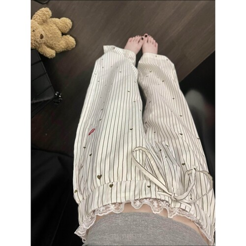 沐染家少女甜美爱心条纹睡裤女