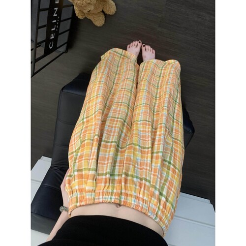 沐染家 韩系复古格纹睡裤女夏季宽松舒适阔腿裤居家裤可外穿出门
