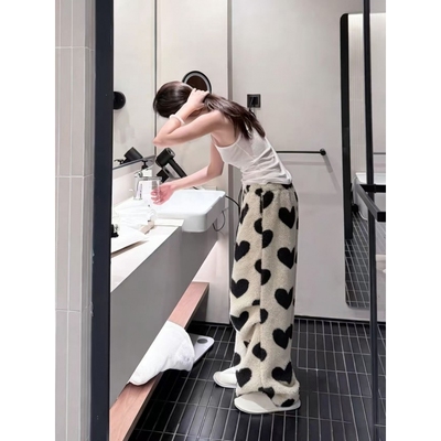 韩版女士爱心印花珊瑚绒睡裤女冬