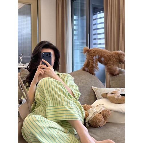 沐染家韩系薄荷绿条纹睡衣女春