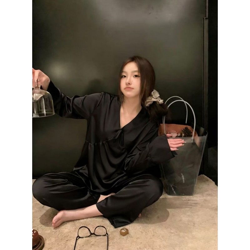 韩版女士纯欲V领缎面冰丝睡衣女春秋款高级感气质家居服大码套装,女士内衣/男士内衣/家居服,睡衣/家居服套装,淘宝优惠券,粉丝福利购,淘宝优惠卷