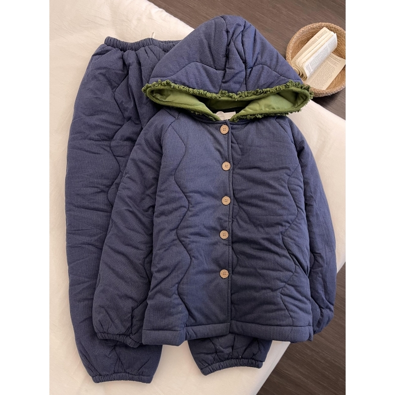 韩系简约纯色加厚三层夹棉睡衣冬2025新款加厚大码棉服可外穿套装