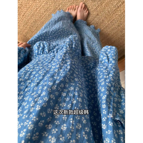 沐染家 法式蓝色碎花长袖家居服套装2026春季新款女花边睡衣休闲
