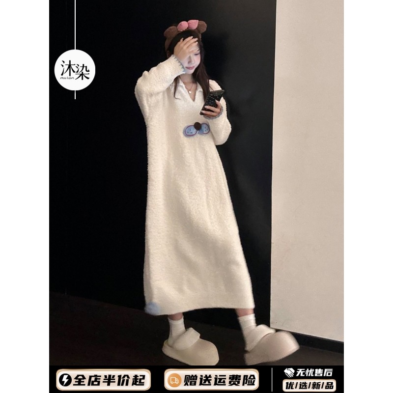 简约慵懒大码酷猫半边绒睡裙女冬季2026新款加厚中长款家居服睡衣