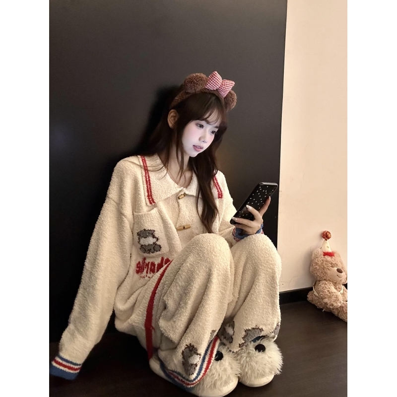 少女可爱卡通印花开衫半边绒睡衣冬季女款宽松慵懒外穿家居服套装
