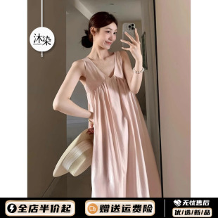 2025年新款 粉色少女简约慵懒风睡裙女夏款 海边度假风可外穿连衣裙