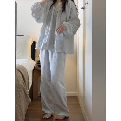 法式甜美风纯棉蕾丝长袖长裤睡衣