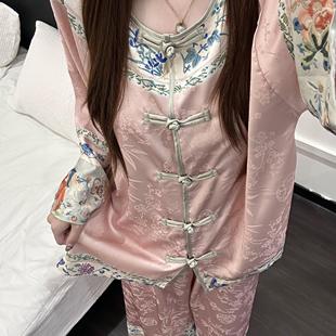 古典宫廷风盘扣冰丝睡衣女士夏季 小个子家居服两件套 复古短袖 长裤