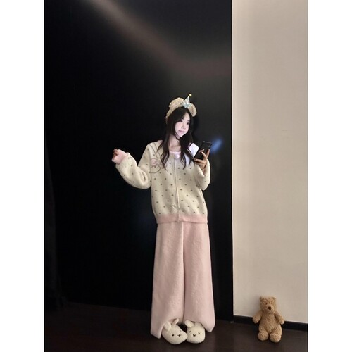沐染家 女士甜美蝴蝶结印花开衫半边绒冬季睡衣女加厚可外穿套装