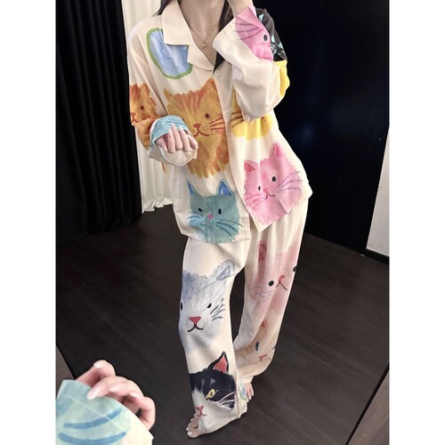 沐染家可爱小猫印花长袖睡衣女