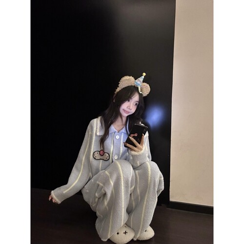沐染家 秋冬毛绒针织条纹睡衣女冬季加厚保暖半边绒家居服两件套