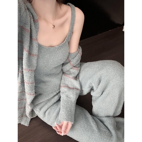 沐染家 韩系简约条纹毛绒针织睡衣女冬季加厚半边绒家居服三件套