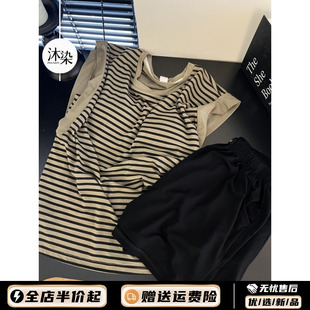 家居服套装 ins简约慵懒条纹无袖 带胸垫短裤 睡衣女夏款 2025年新款
